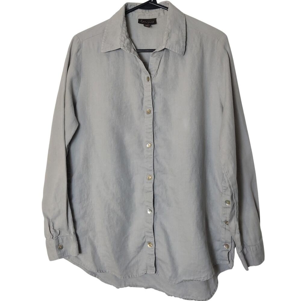 Apropos 100% Linen Button Up Shirt Taupe Gray Medium Neutral Coastal Minimalist